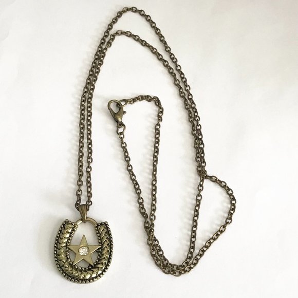 Horseshoe Necklace Crystal Gold Brass Plated 24" Country Western Cowgirl Luck - Picture 7 of 9
